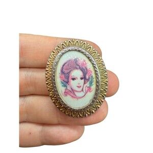Vintage Victorian Lady Oval Brooch Porcelain Pin